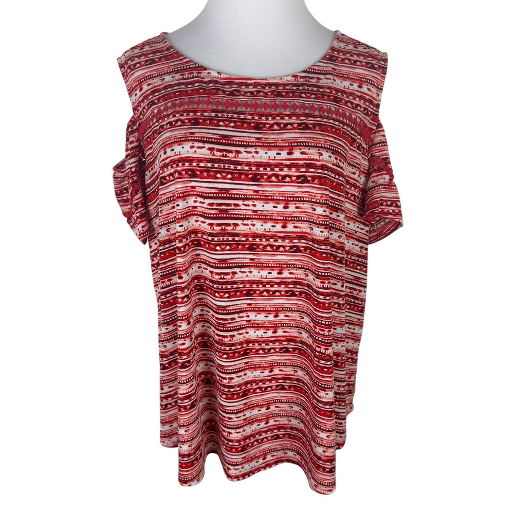 Cato Women's 22/24W Red White Geometric Striped Cold Shoulder Lattice Trim Top
